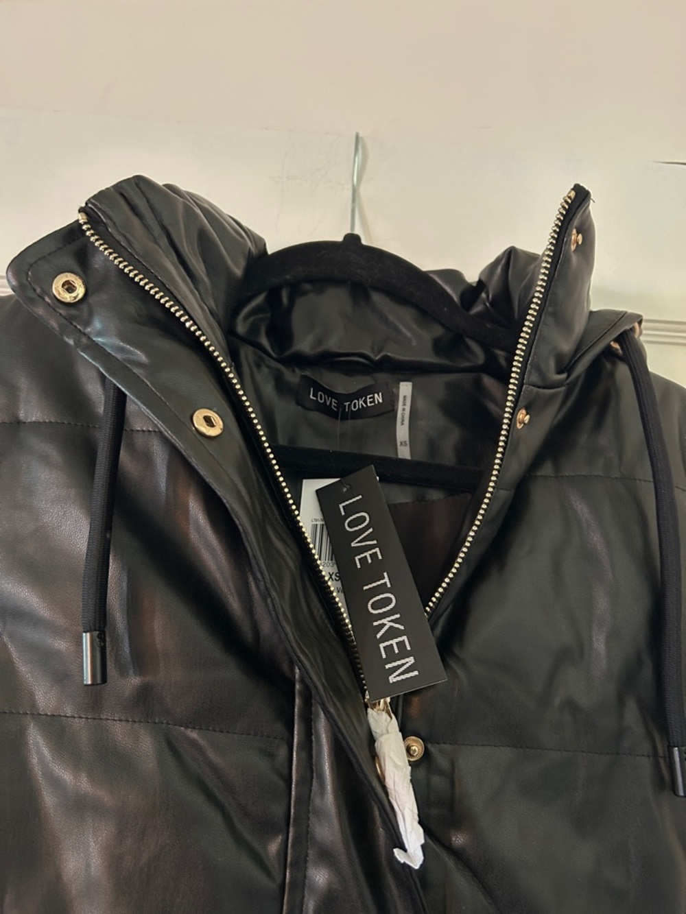 LOVE TOKEN Black Faux Leather Quilted Puffer Jacket with Hood